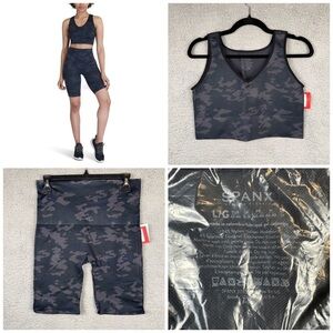 SPANX Women's Crop Top and Biker Short Set Black Camo Large Lamn Active Seamless
